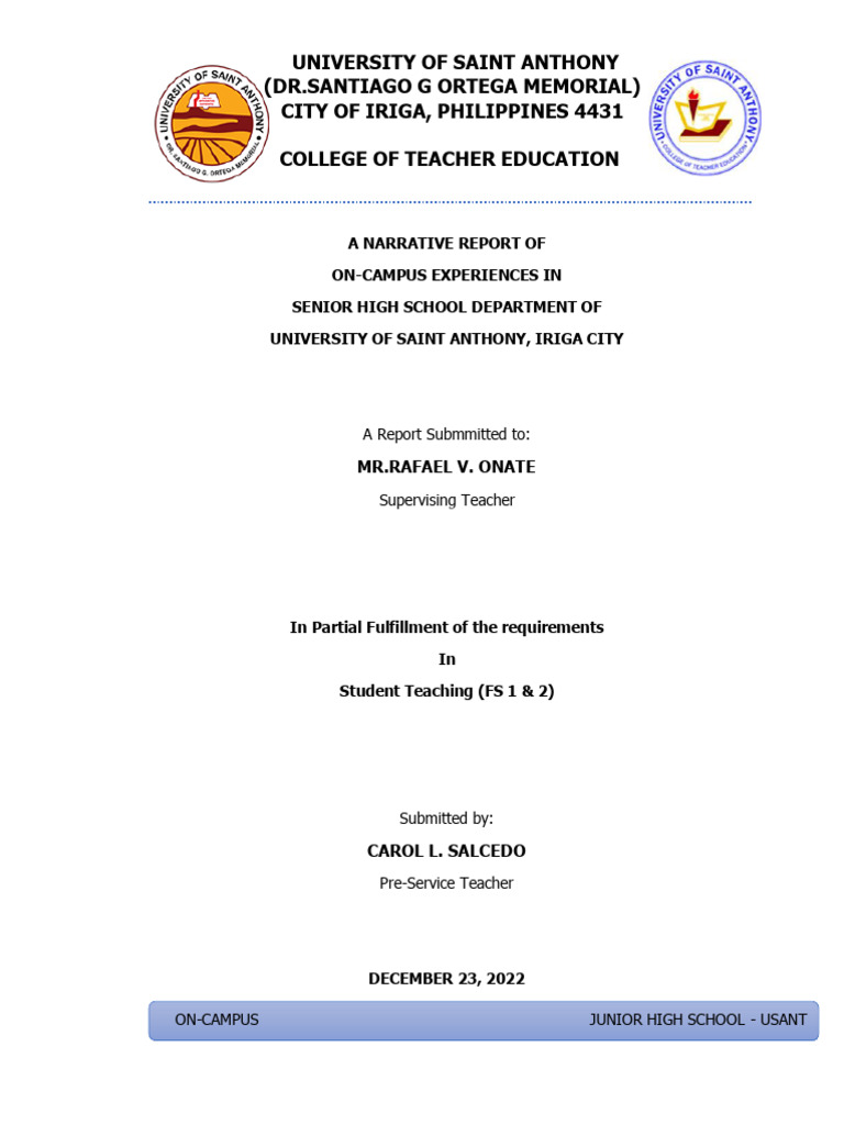 USANT Senior High School Experience Report | PDF | Teachers | Lesson Plan