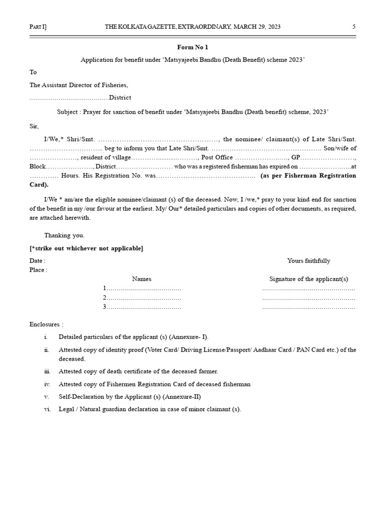 West Bengal Matsyajeebi Bandhu Application Form . PDF
