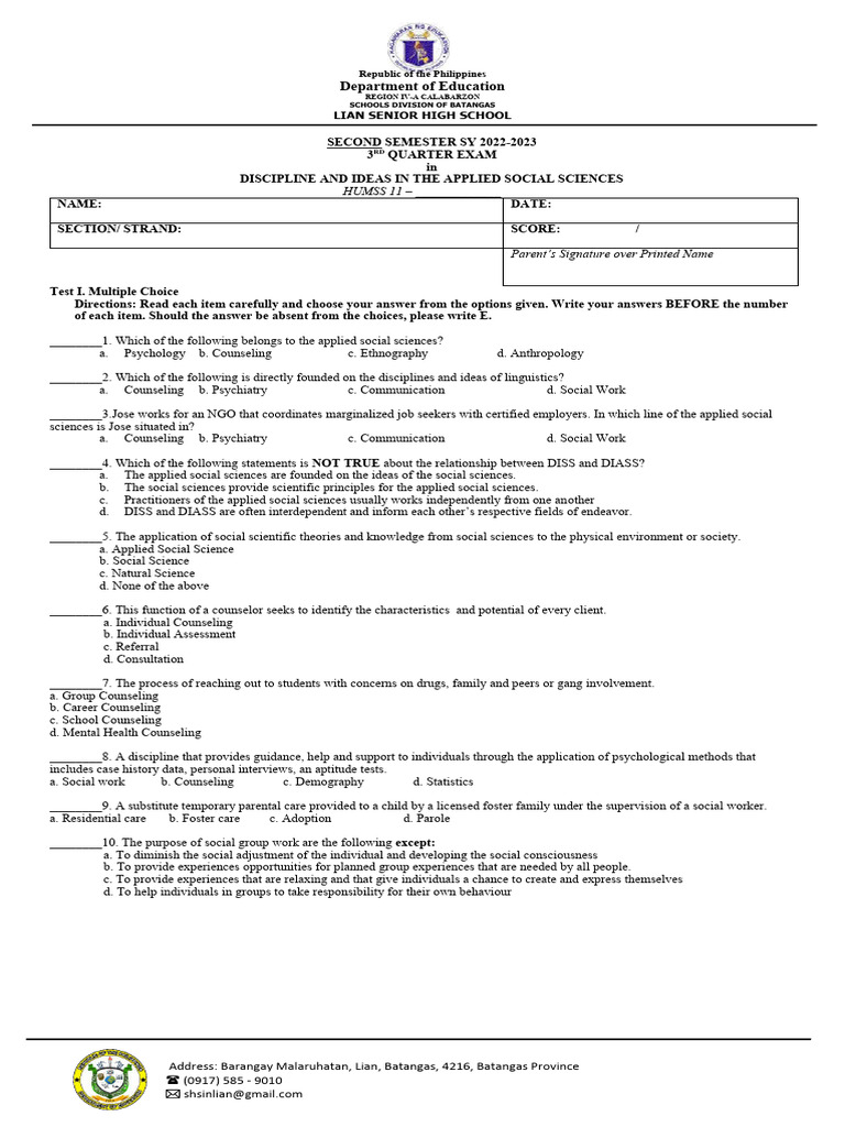 DIASS 3rd Quarter Exam for HUMSS 11 | PDF | Psychotherapy | Social Sciences