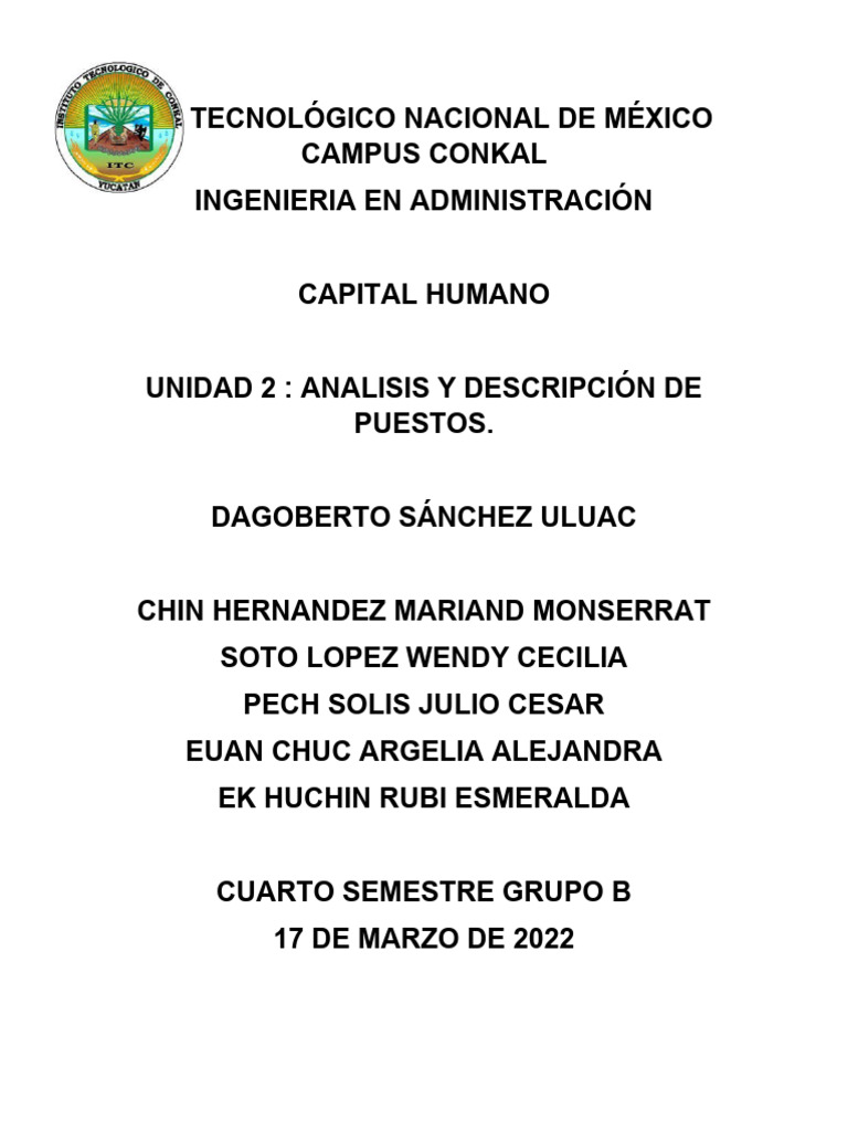 Descripción de Puestos Capital Humano Unidad 2 | Descargar gratis PDF