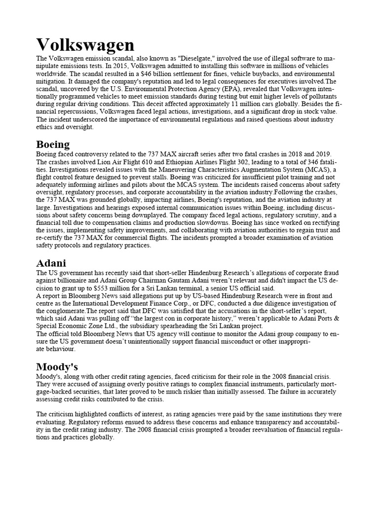 Volkswagen Emission Scandal Overview | PDF