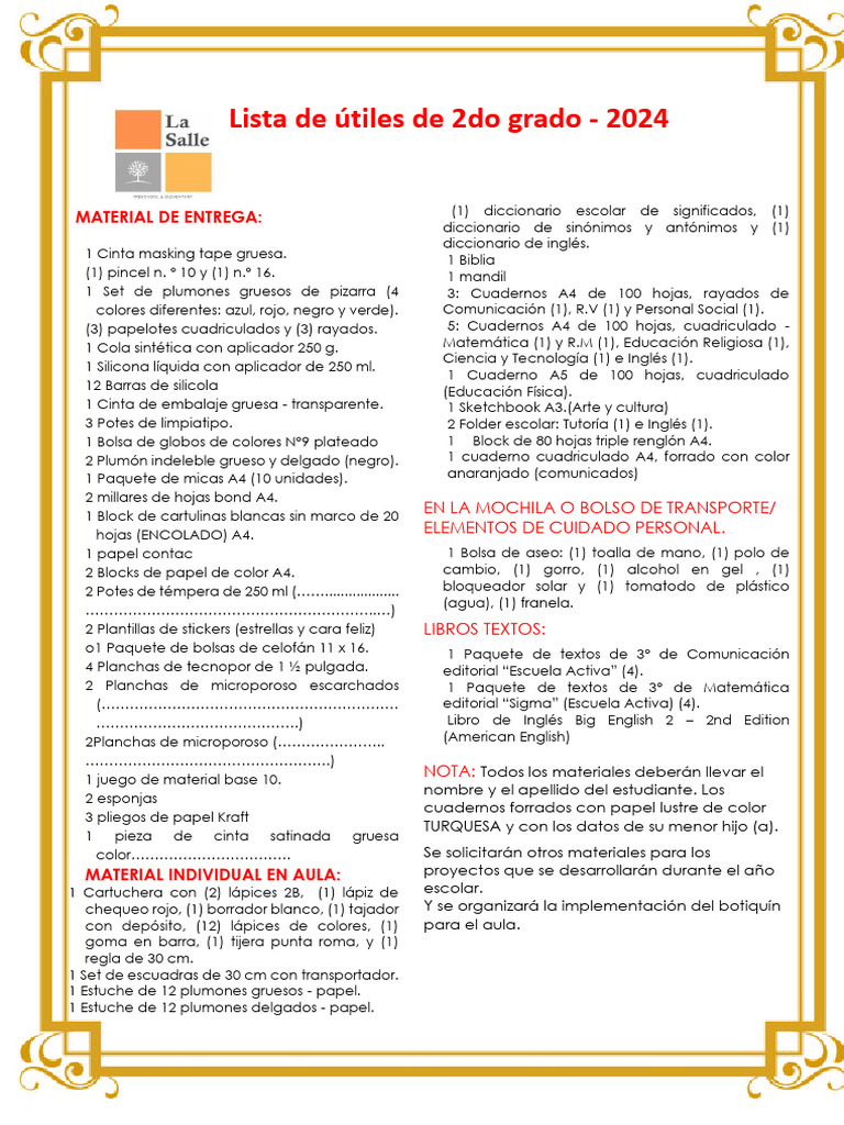 Lista de útiles 2do grado 2024 | PDF | Materiales de Conservación y ...