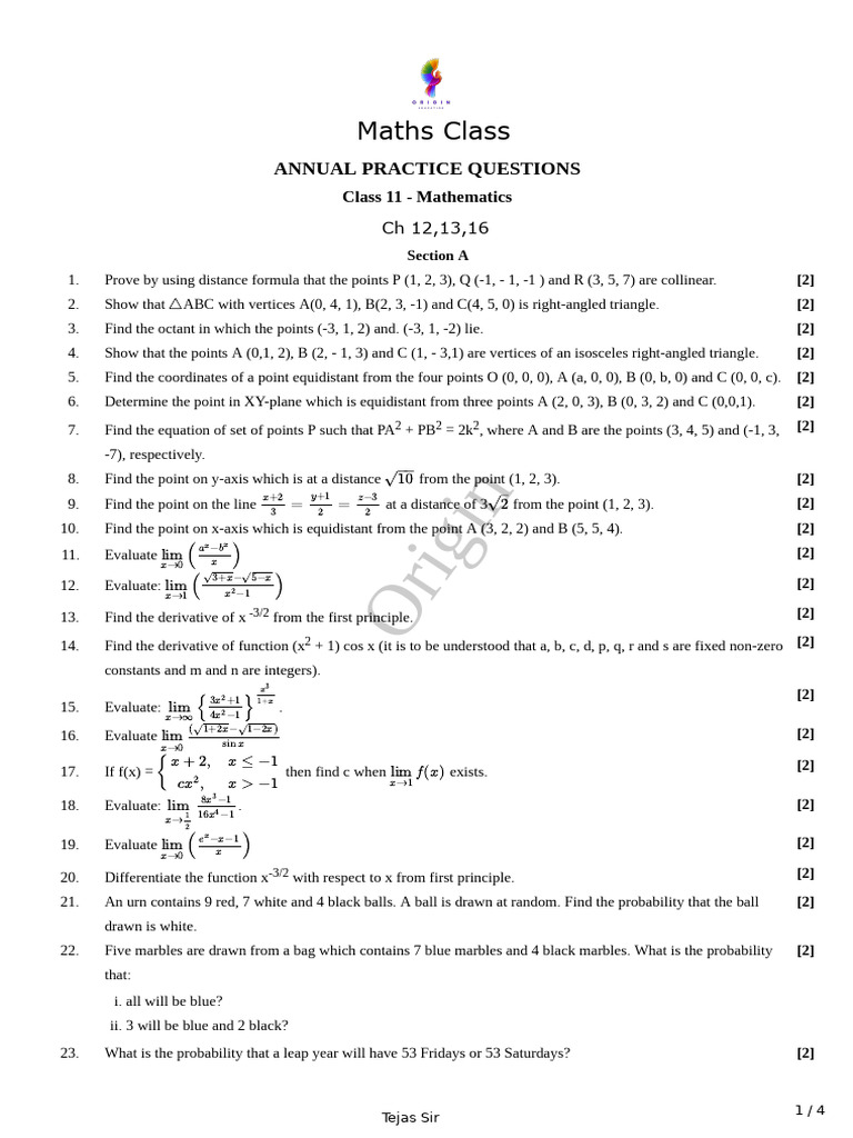 Class 11 Mathematics Practice Questions | PDF