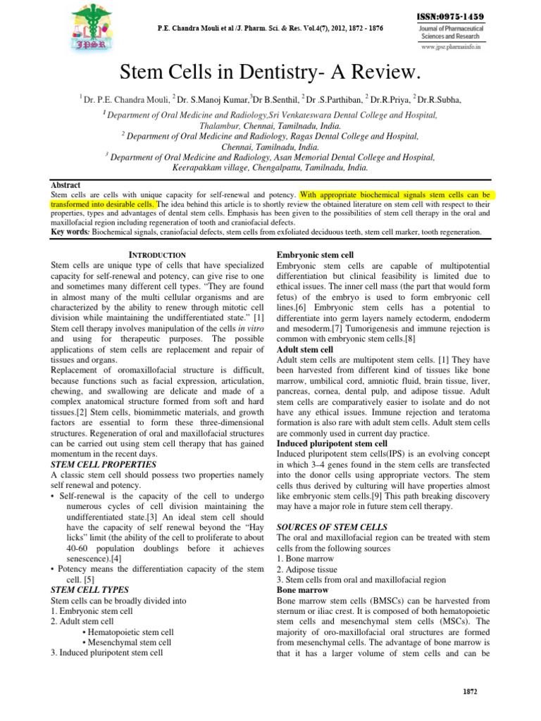 Stem Cells in Dentistry: A Review | PDF | Stem Cell | Cell Potency