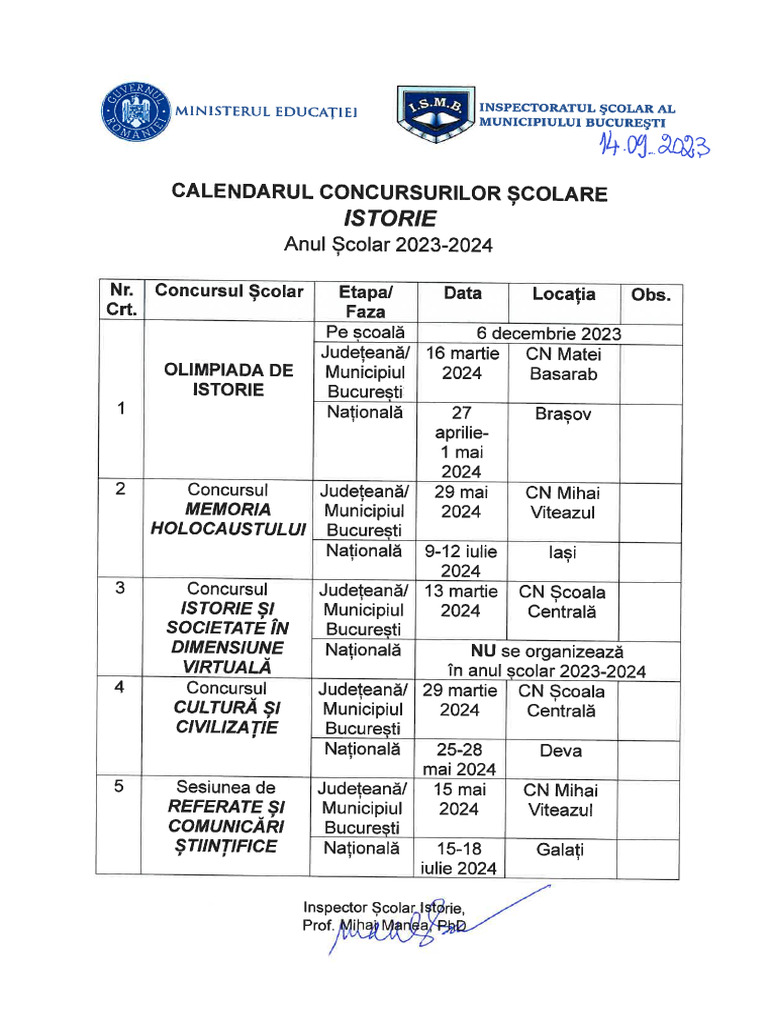 Calendar Concursuri Scolare Istorie 2023-2024 | PDF