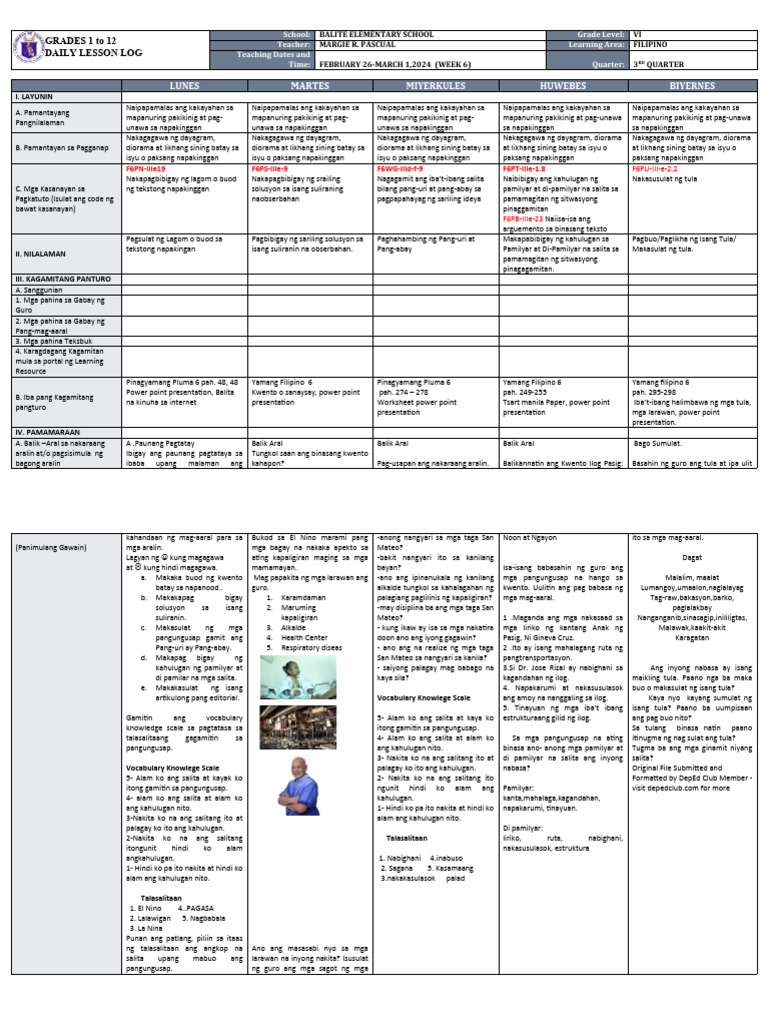 DLL - Filipino 6 - Q3 - W5 | PDF
