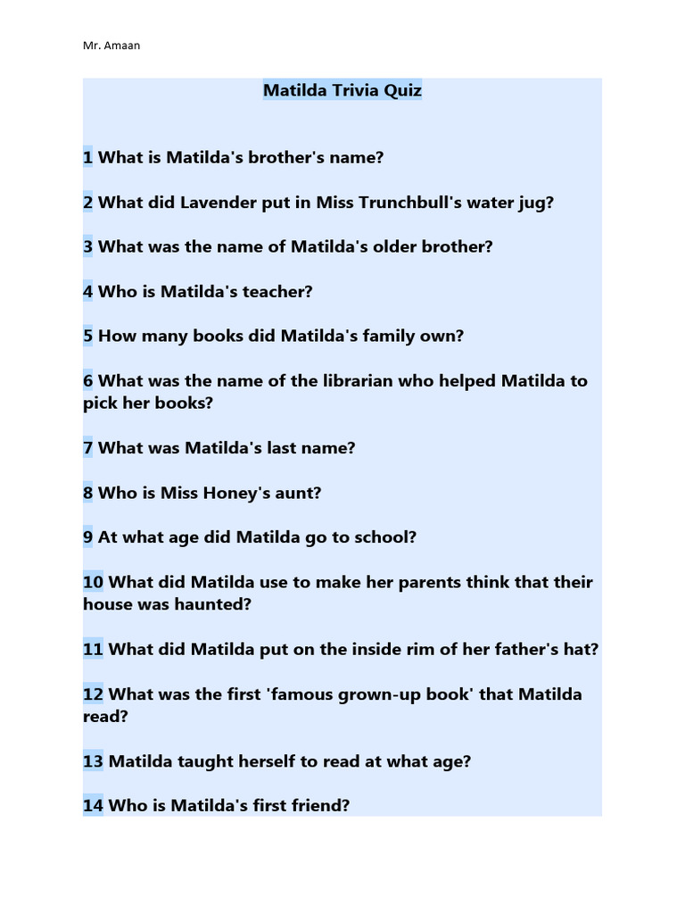 Matilda Trivia Quiz Questions | PDF | Mystery, Thriller & Crime Fiction ...