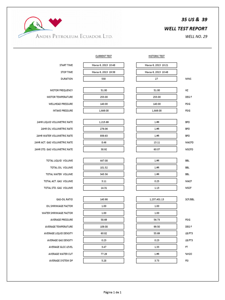 Well No. 29 Test Report Summary | PDF | Barrel (Unit) | Phases Of Matter