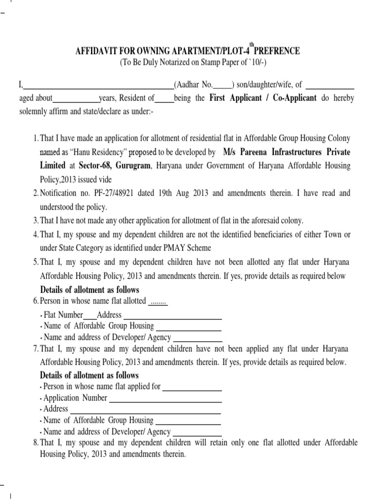 Affidavit For Owning Apartment Plot-4th Prefrence | PDF | Affidavit ...