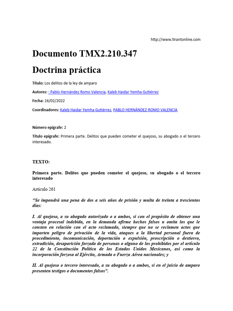 Delitos en la Ley de Amparo: Art. 261 | PDF | Demanda judicial | Caso ...