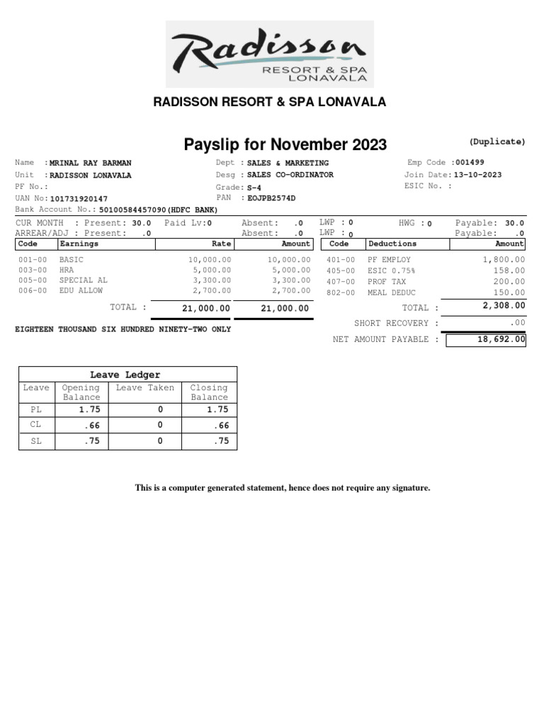 Rrsl 001001499 Payslip 202311 Mrinal Ray Barman PDF