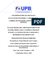 Plan de Mejora Del Aprovisionamiento de Materia Prima para La Empresa Induquin en Base A La Estimacion de La Demanda Y Rendimiento de Produccion. Trabajo Dirigido