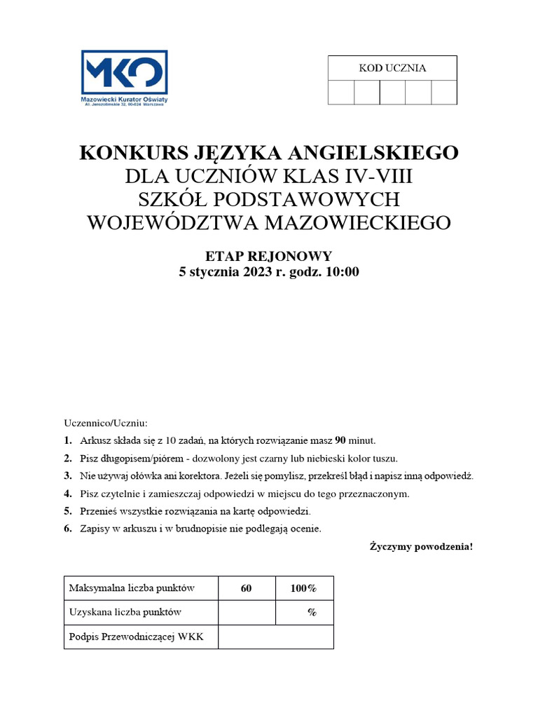 Konkurs Przedmiotowy Z Matematyki Arkusze Konkurs Kuratoryjny Angielski 2023 Rejonowy Mazowieckie | PDF