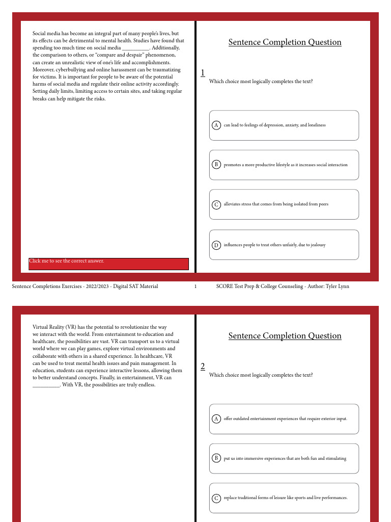 Sentence Completion Questions (Set 2) PDF Virtual Reality Social