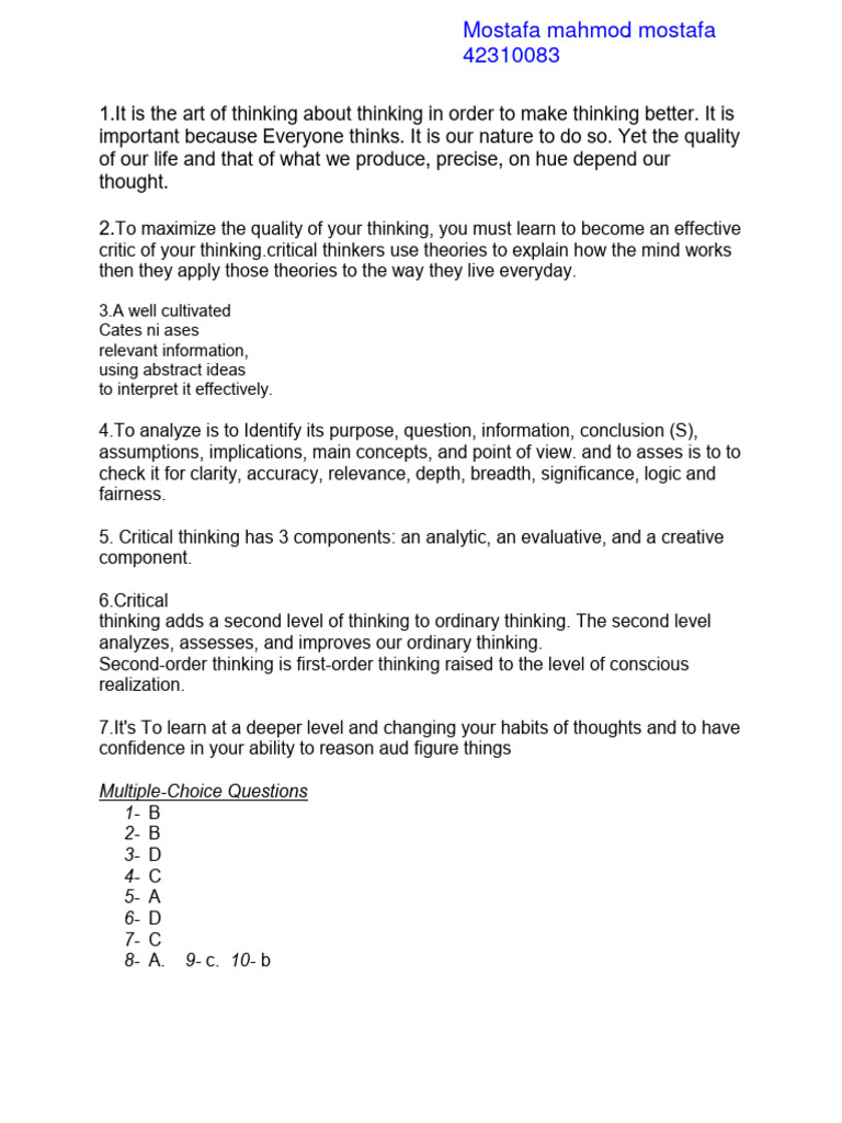 Assignment J One Critical Thinking | PDF