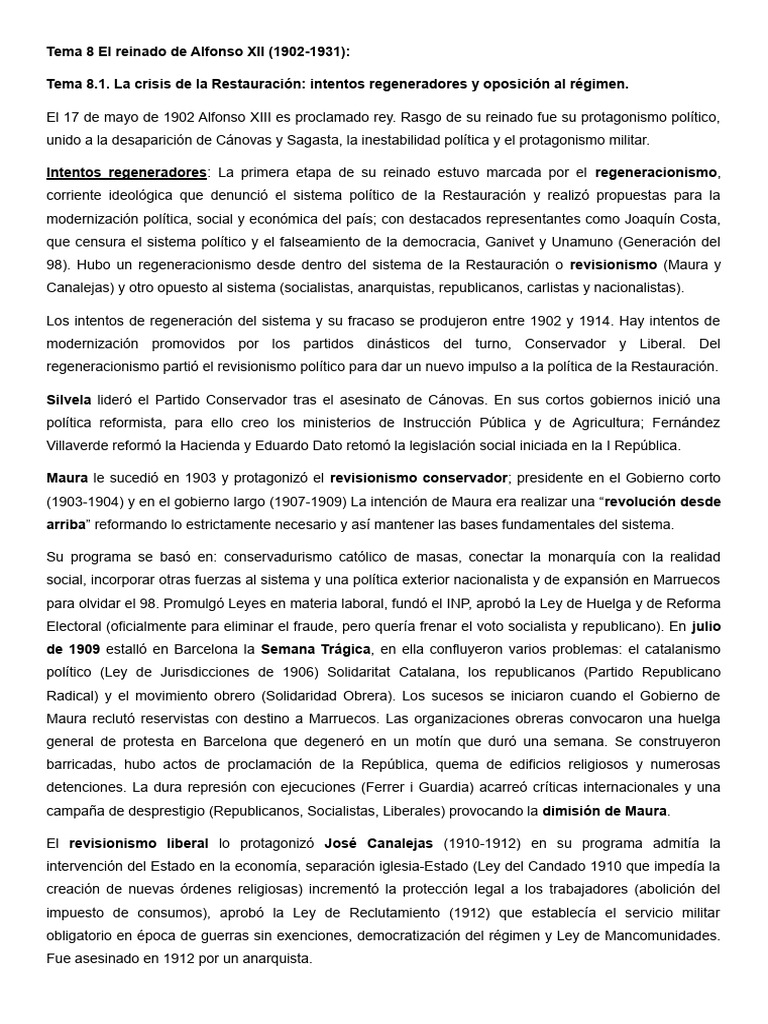 Tema 8 El Reinado De Alfonso Xiii 1902 1931 Pdf Gobierno De