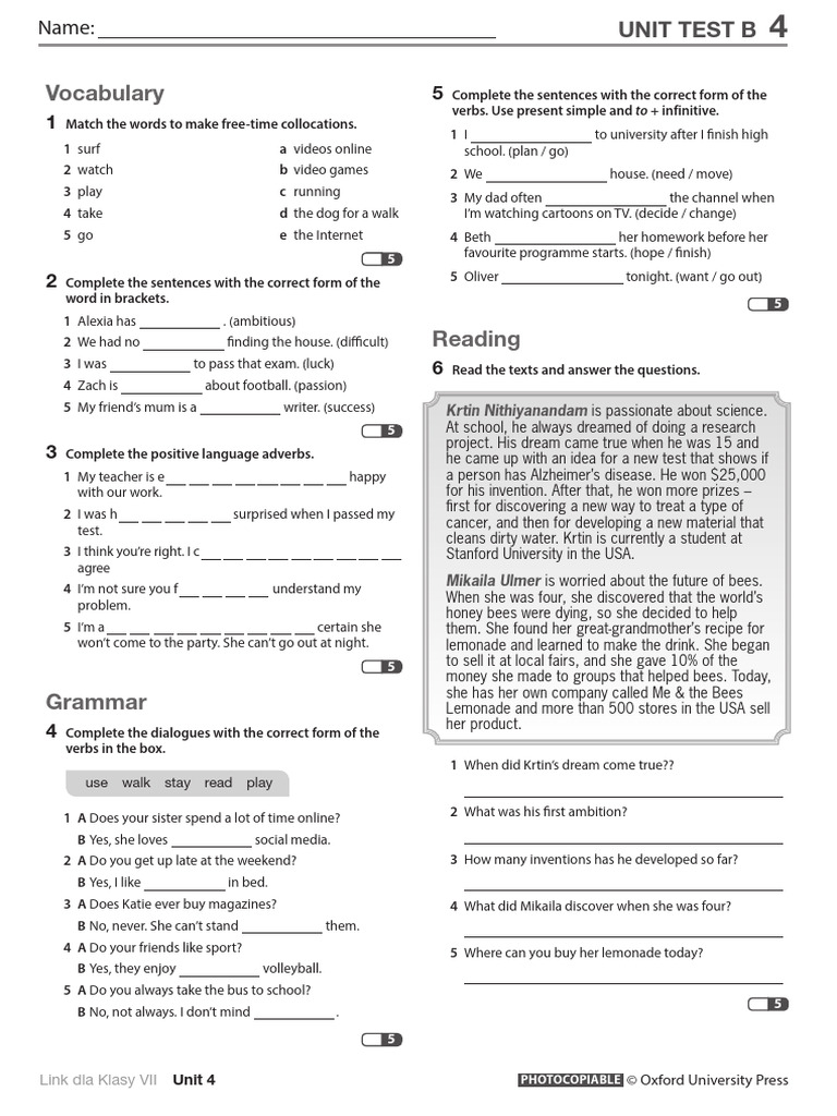 Unit 4 Test B for Class VII | PDF | Linguistics
