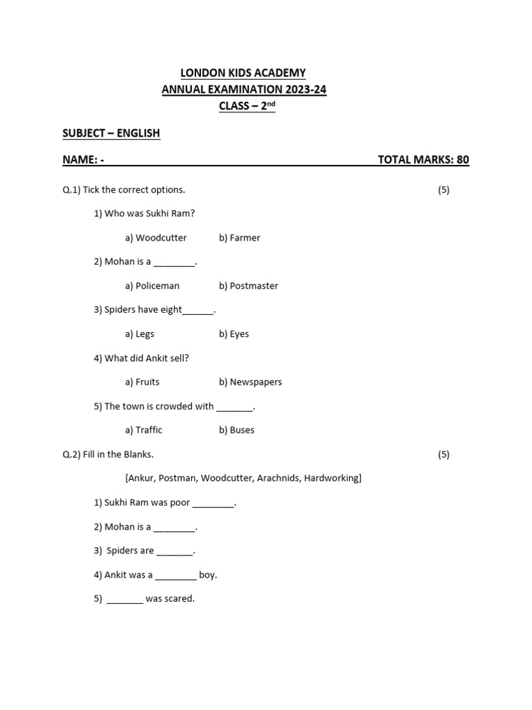 Class 2 English Annual Exam Paper | PDF | Linguistics | Linguistic ...