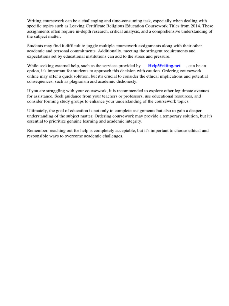 Leaving Certificate Religious Education Coursework Titles 2014 PDF