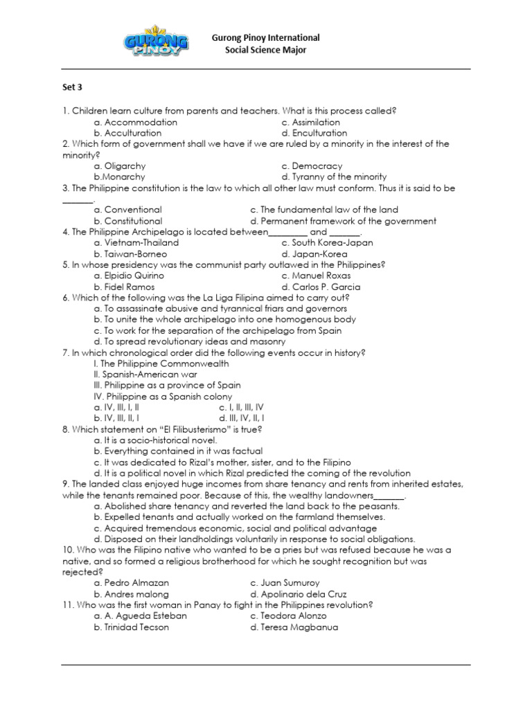 Philippine Social Science Quiz Questions Pdf Philippines