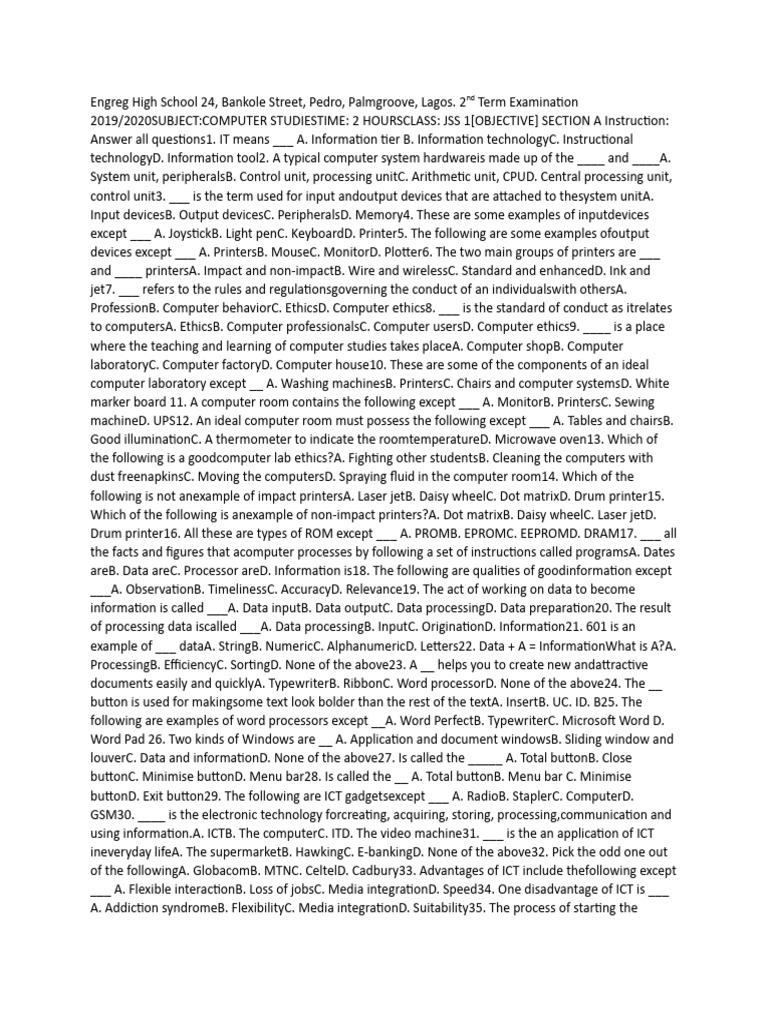 Jss1 Computer PDF Printer Word Processor