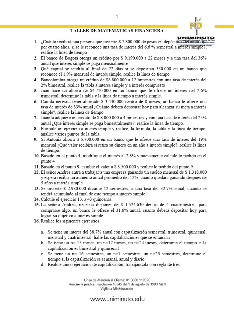 Taller de Ejercicios de Matemáticas Financieras | PDF