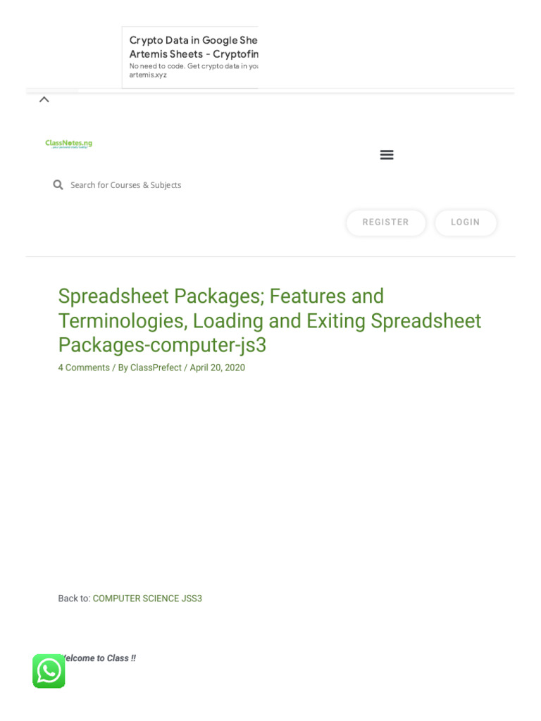 Spreadsheet Packages Features and Terminologies, Loading and Exiting  Spreadsheet Packages-Computer-Js3 - ClassNotes - NG | PDF | Microsoft Excel  | Spreadsheet