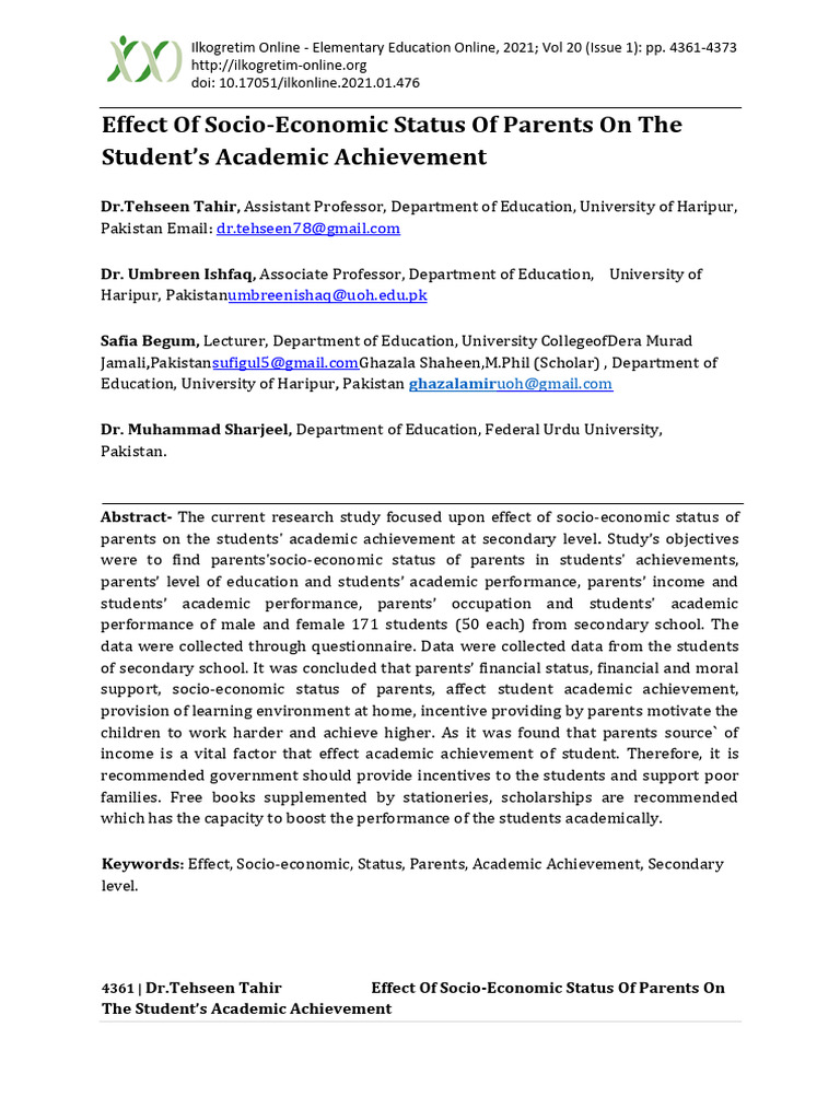 Effect of Socio-Economic Status of Parents On The Student's Academic ...