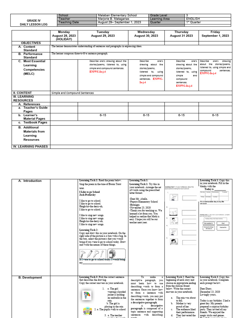 Grade 3 English Lesson Plan | PDF | Sentence (Linguistics) | Learning