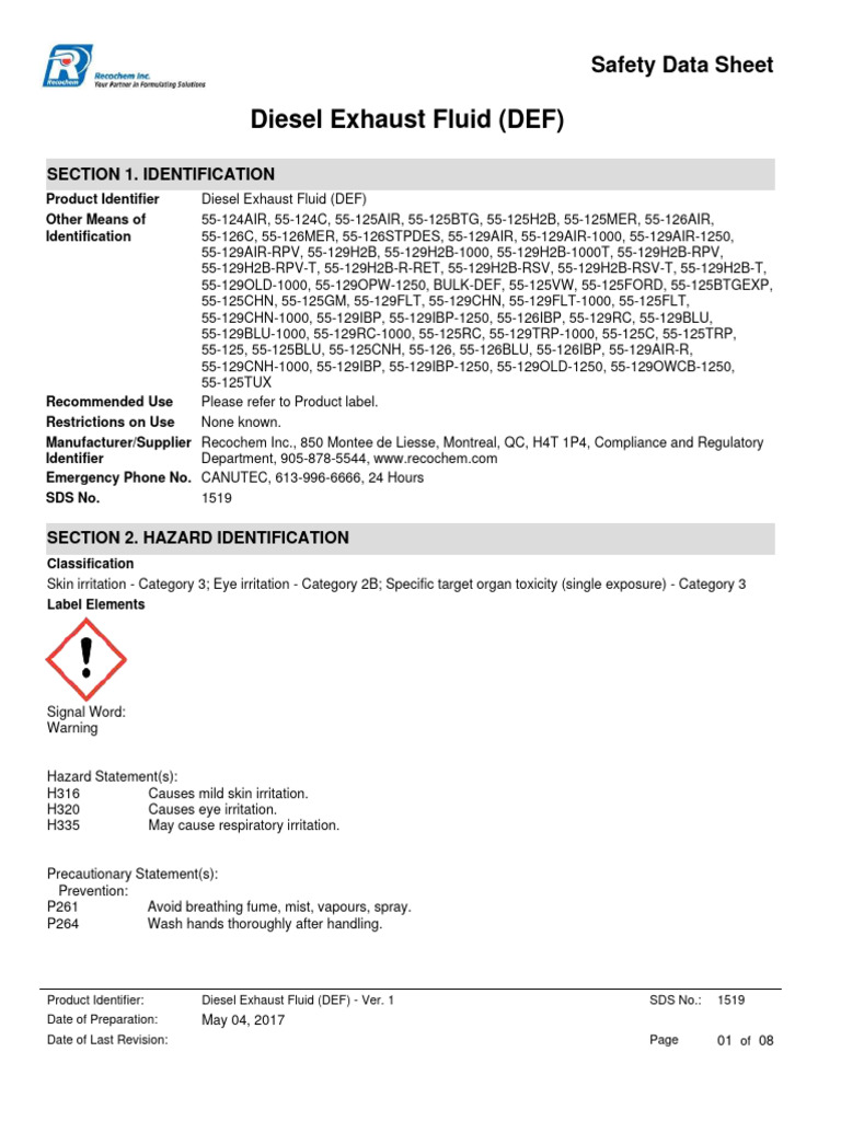 Diesel Exhaust Fluid Safety Data Sheet | PDF | Personal Protective ...
