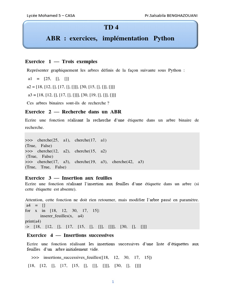 Exercices Python sur les arbres binaires | PDF | Algorithmes et ...