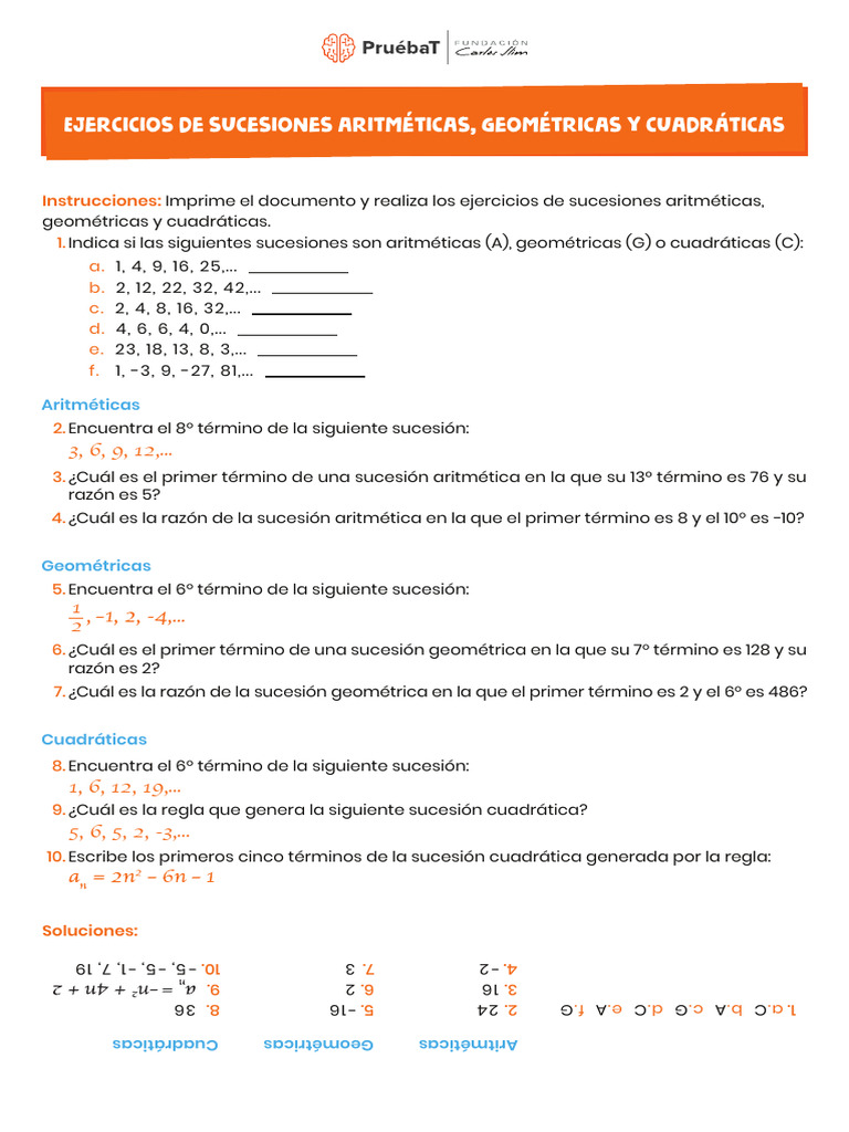 Ejercicios De Sucesiones Aritmeticas Geometricas Y Cuadraticas J Pdf