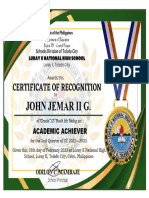 Certificate of Recognition 2nd Quarter Short BP