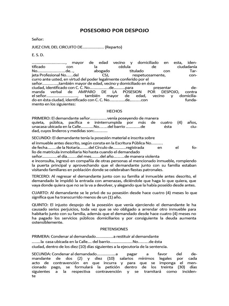 Posesorio Por Despojo | PDF | Derecho Civil (Common Law)
