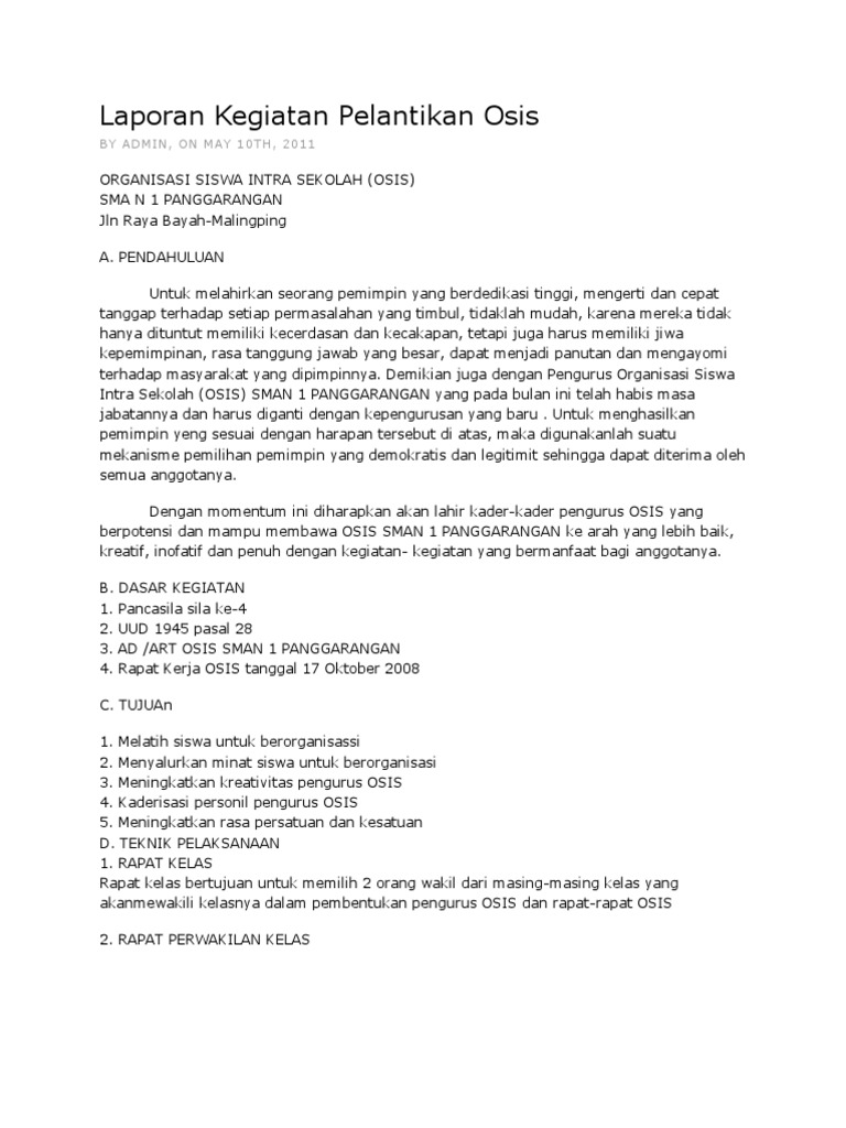 Laporan Kegiatan Pelantikan Osis