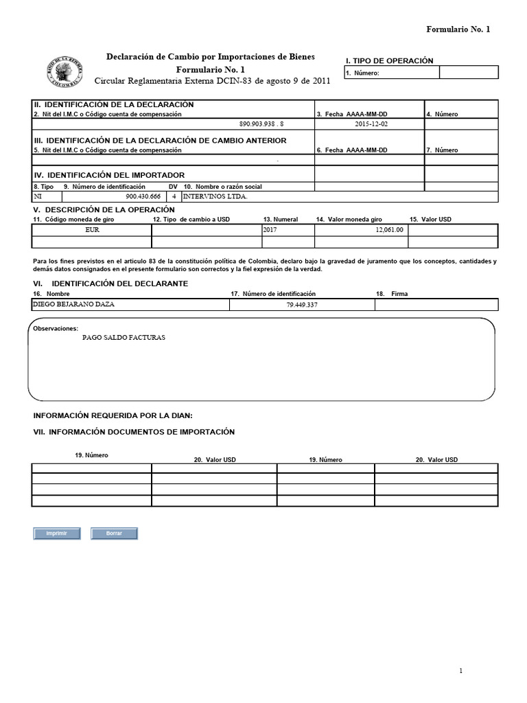 Formulario 1 Banco de La Republica PDF | PDF