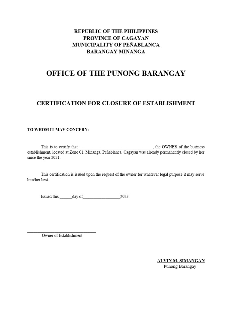 Closure Of Establishment Pdf