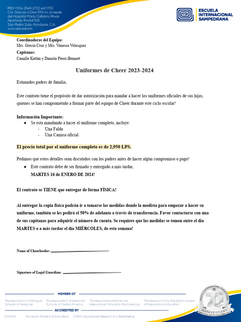 Cheer Uniforms Contract Cheerleading Squad 20232024 PDF