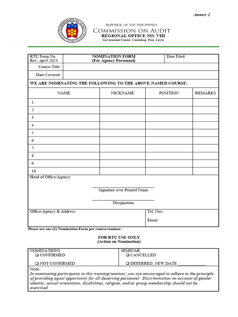 Annex2 - Agency Nomination Form RO8 - 2023 | PDF | Government And ...
