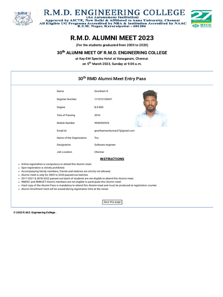 RMD Alumni Meet 2023 Details | PDF