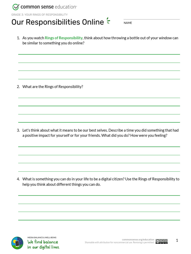 Grade 3 - Rings of Responsibility - Quick Activity Handout | PDF