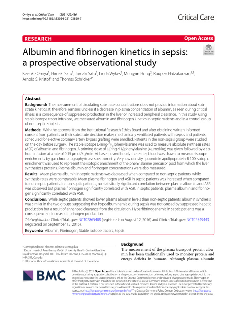 Albumin and Fibrinogen Kinetics in Sepsis A Prospe | PDF | Sepsis ...