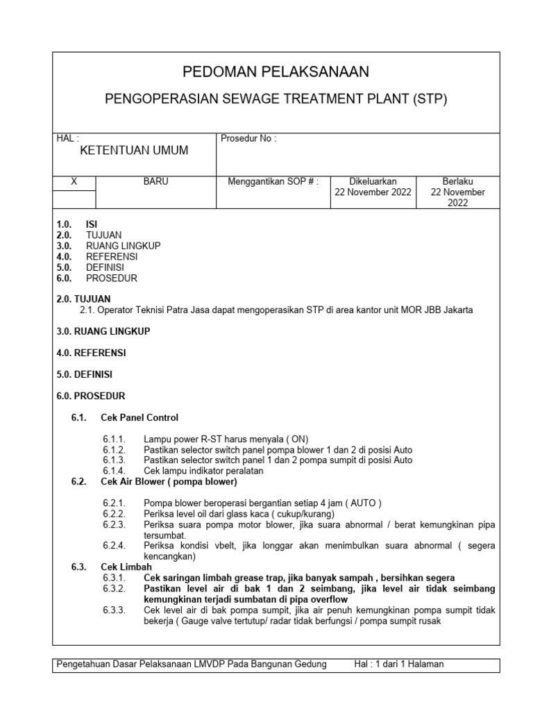 SOP Pengoperasian STP di MOR JBB | PDF | Sains & Matematika