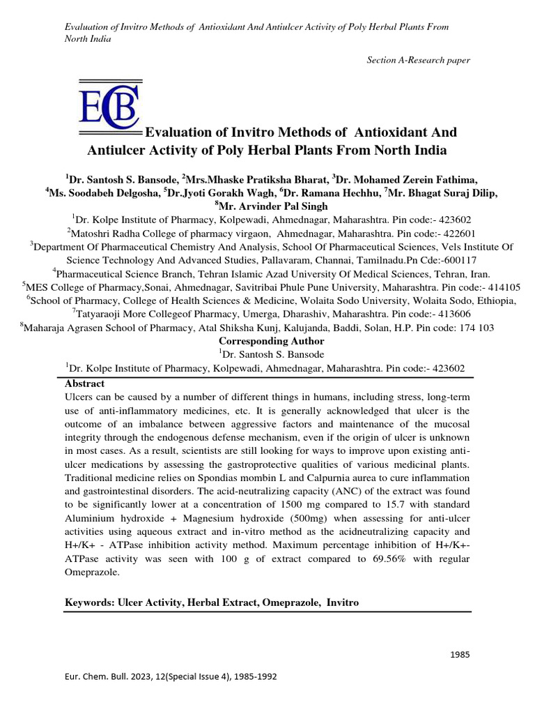 In Vitro Antioxidant & Antiulcer Study of Herbs | PDF | Stomach ...