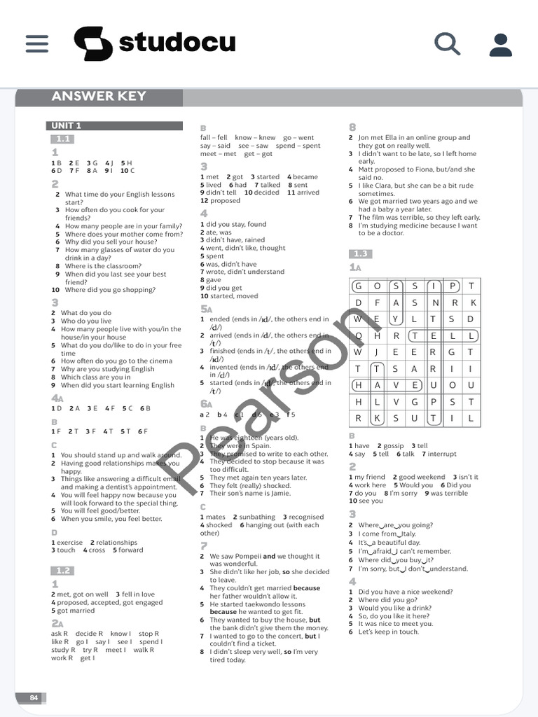 Speakout Pre-Intermediate Answer Key | PDF