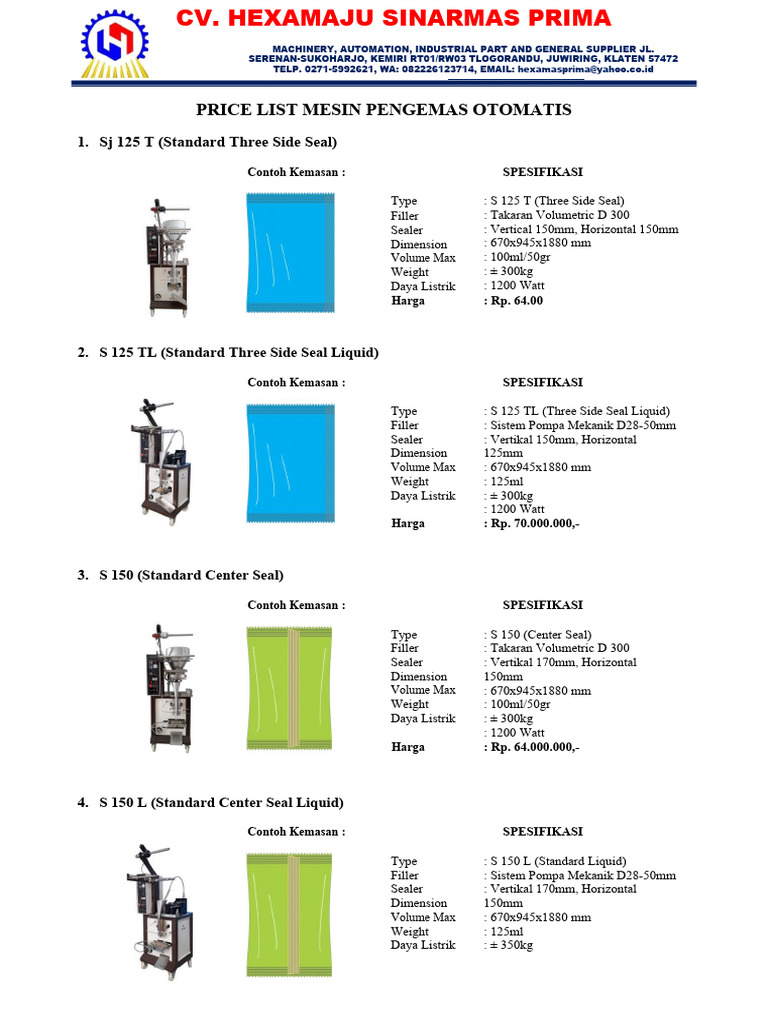 Automatic Packaging Machine Price List | PDF | Quantity | Volume