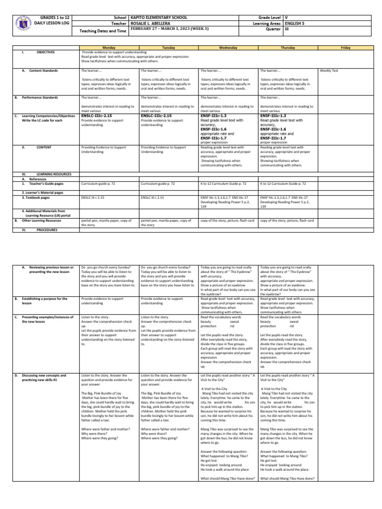 Grade 5 DLL English 5 q3 Week 3 | PDF | Exhaust Gas | Reading Comprehension