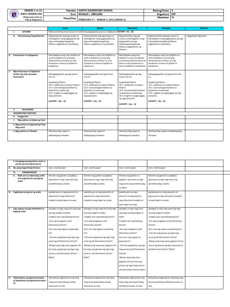 Grade 5 DLL Esp 5 q3 Week 3 | PDF