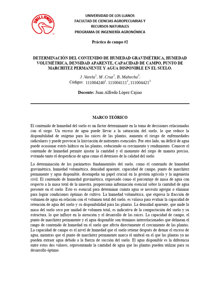 Informe Practica Numero 2 | PDF | Agua | Suelo