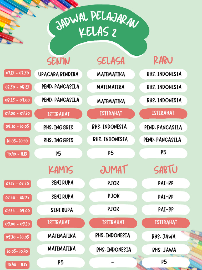 Hijau Merah Imut Jadwal Pelajaran Dokumen A4 | PDF